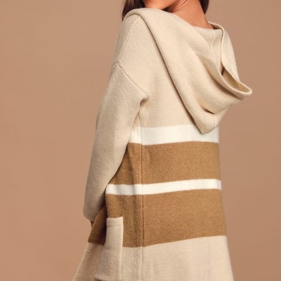 Lulus M/L Carlsbad Sweater Cardigan Open Hooded Tan Beige Striped Pockets - Picture 2 of 8